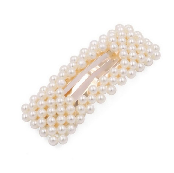 2-Pack Pearl Covered Rectangle Barrette Hair Clips - Picture 3 of 3